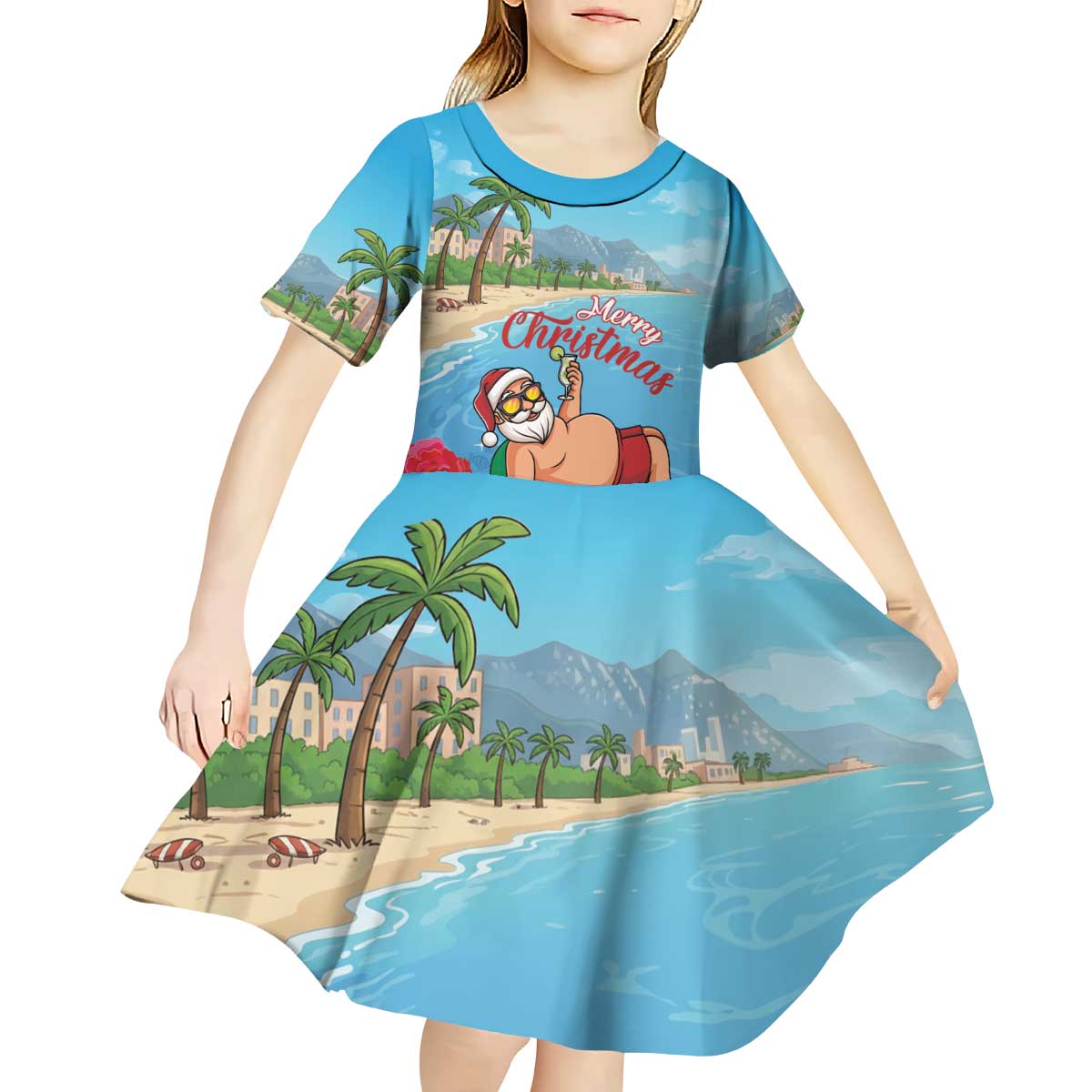 Monaco Christmas Kid Short Sleeve Dress Swimming Santa Claus - Wonder Print Shop