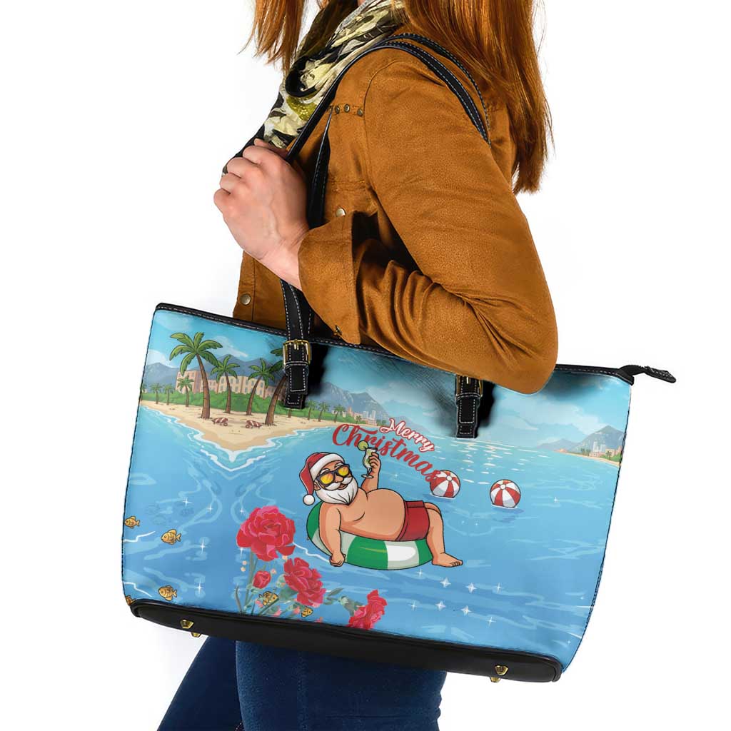 Monaco Christmas Leather Tote Bag Swimming Santa Claus - Wonder Print Shop