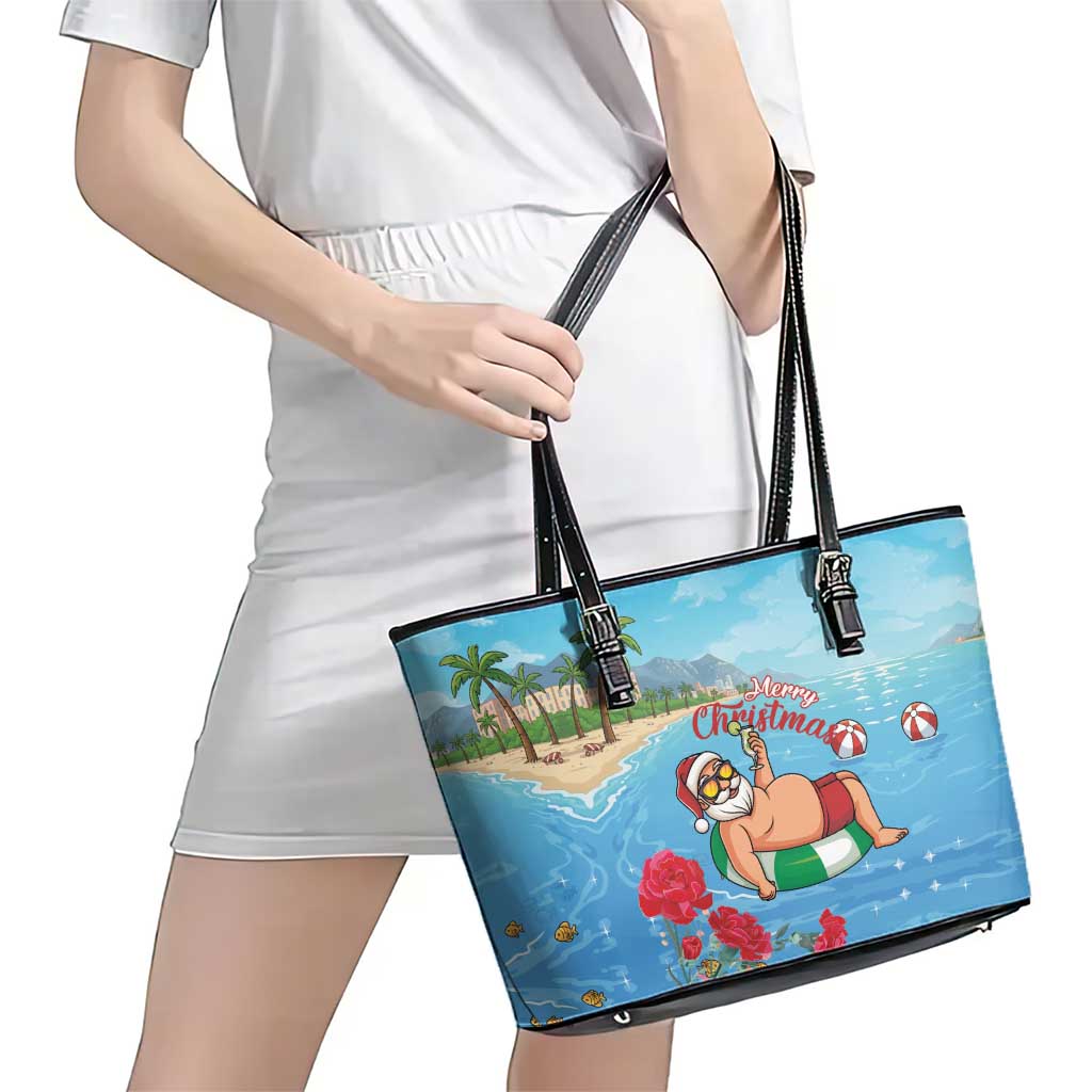 Monaco Christmas Leather Tote Bag Swimming Santa Claus - Wonder Print Shop