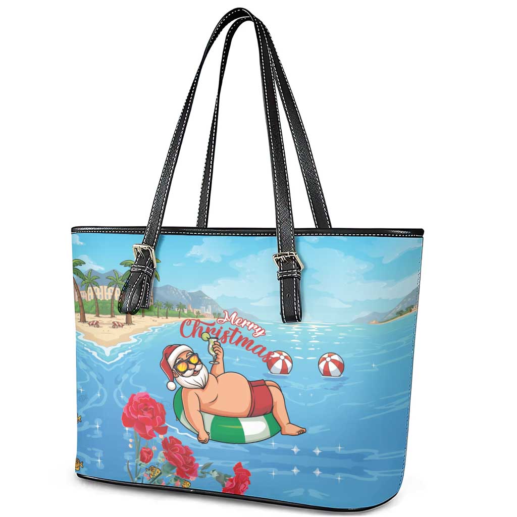 Monaco Christmas Leather Tote Bag Swimming Santa Claus - Wonder Print Shop