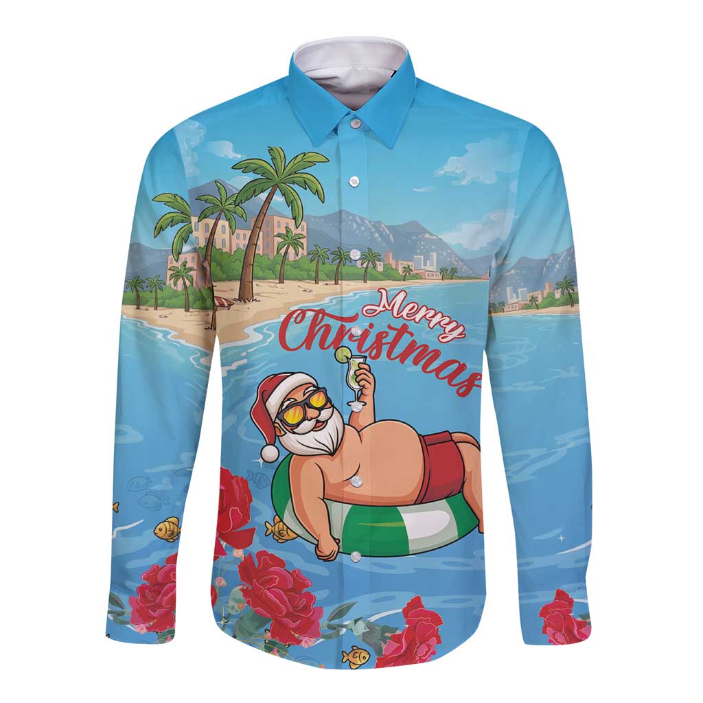 Monaco Christmas Long Sleeve Button Shirt Swimming Santa Claus - Wonder Print Shop