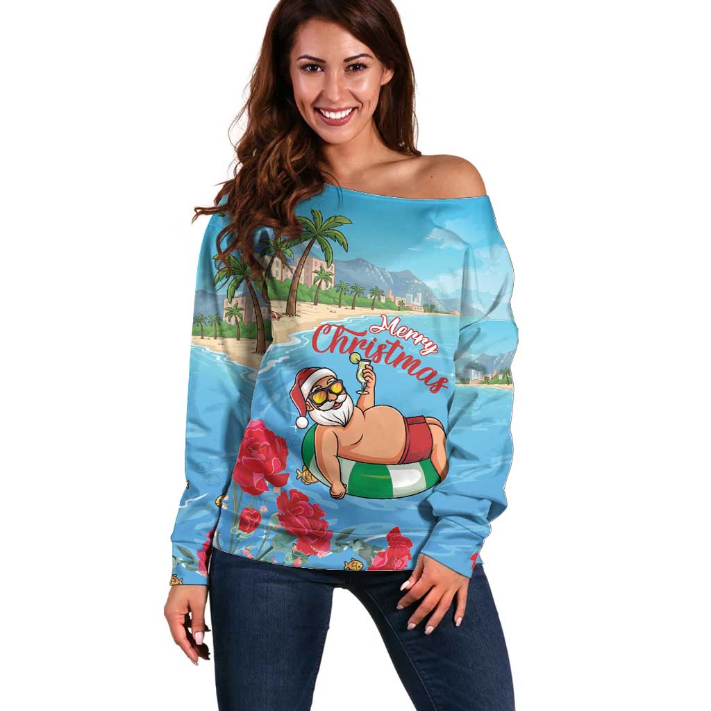 Monaco Christmas Off Shoulder Sweater Swimming Santa Claus - Wonder Print Shop