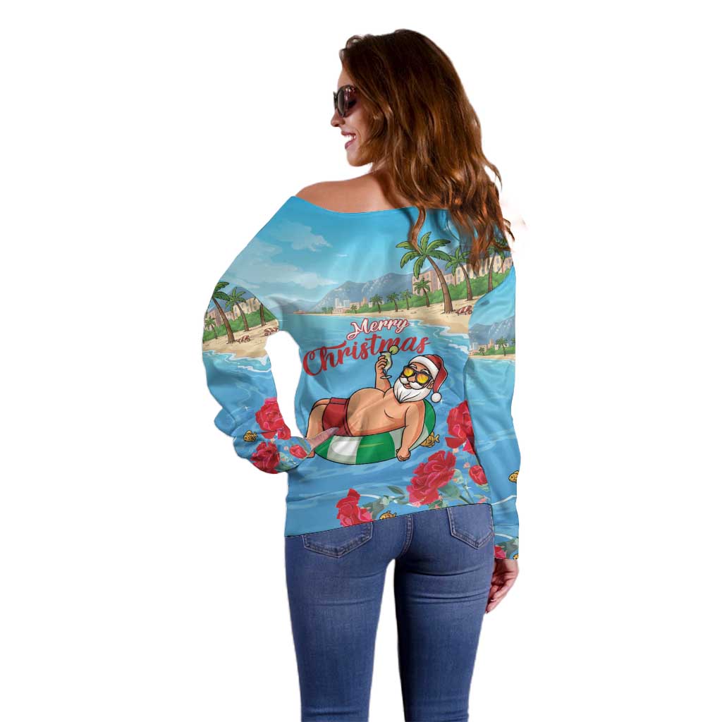 Monaco Christmas Off Shoulder Sweater Swimming Santa Claus - Wonder Print Shop