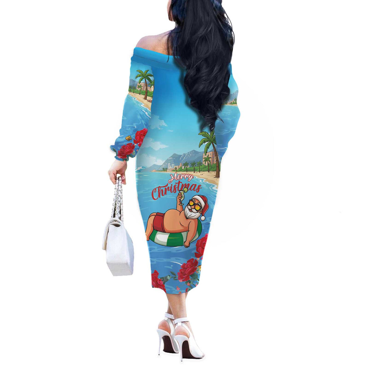 Monaco Christmas Off The Shoulder Long Sleeve Dress Swimming Santa Claus - Wonder Print Shop