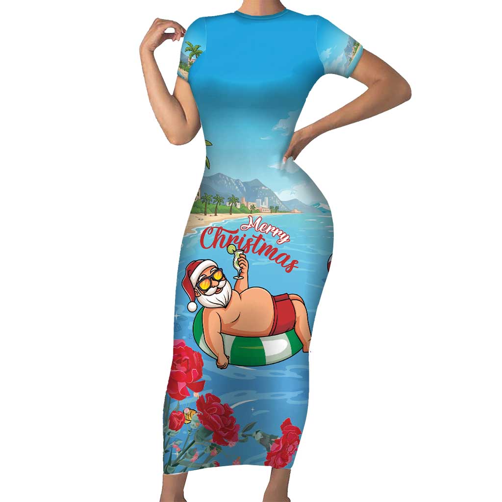 Monaco Christmas Short Sleeve Bodycon Dress Swimming Santa Claus - Wonder Print Shop