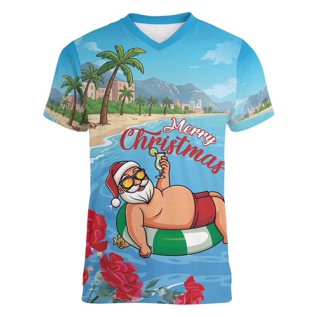 Monaco Christmas Women V-Neck T-Shirt Swimming Santa Claus - Wonder Print Shop