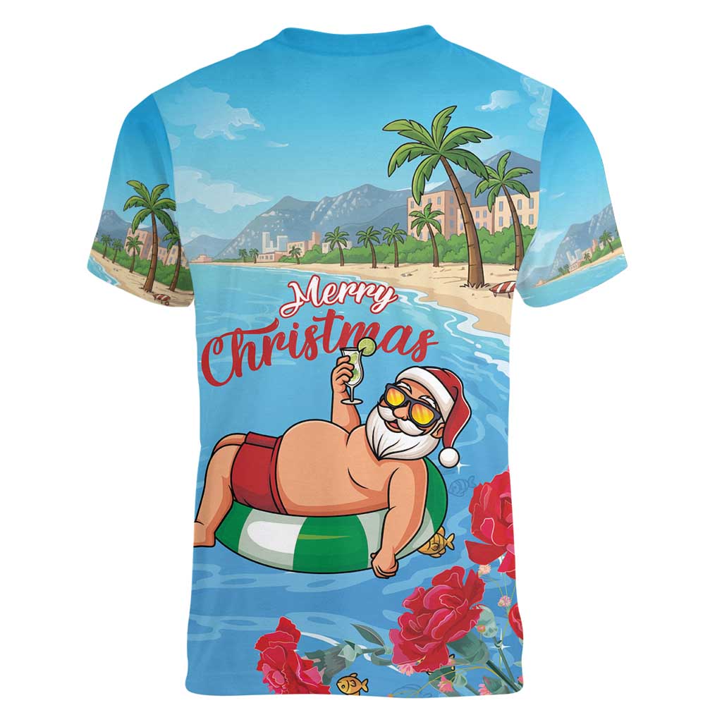Monaco Christmas Women V-Neck T-Shirt Swimming Santa Claus - Wonder Print Shop