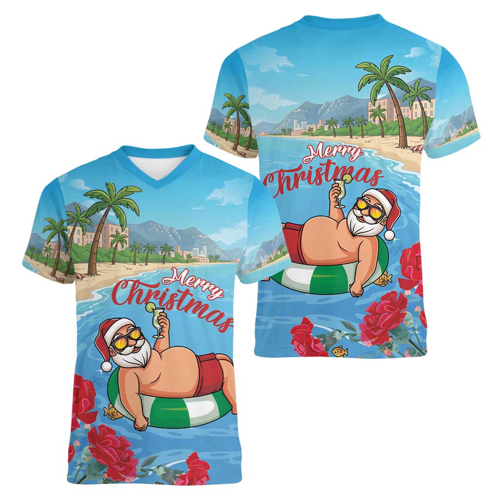 Monaco Christmas Women V-Neck T-Shirt Swimming Santa Claus - Wonder Print Shop