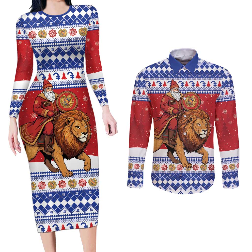Armenia Christmas Couples Matching Long Sleeve Bodycon Dress and Long Sleeve Button Shirt Santa Riding Lion - Wonder Print Shop