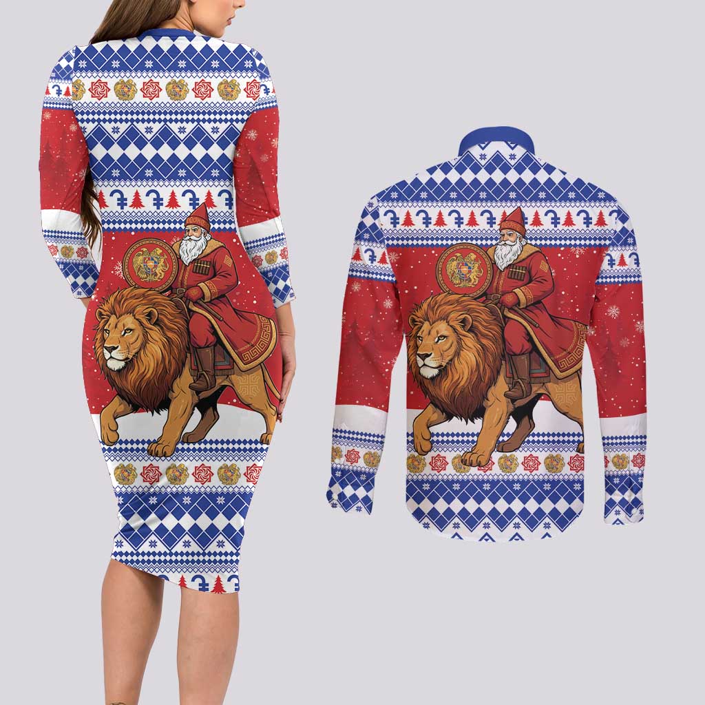 Armenia Christmas Couples Matching Long Sleeve Bodycon Dress and Long Sleeve Button Shirt Santa Riding Lion - Wonder Print Shop