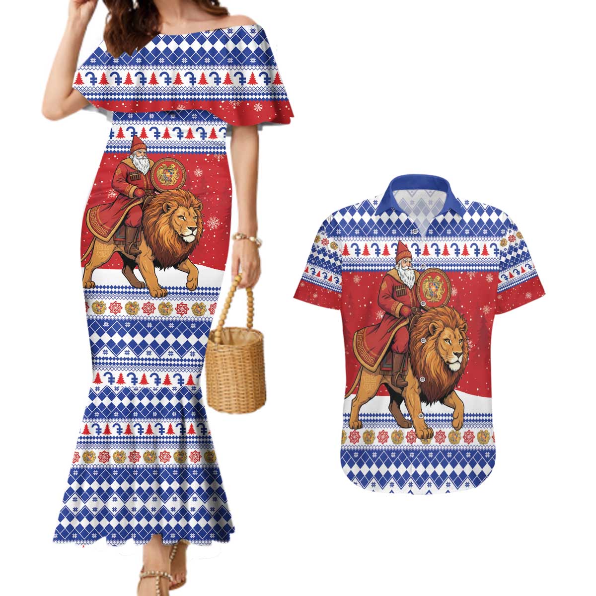 Armenia Christmas Couples Matching Mermaid Dress and Hawaiian Shirt Santa Riding Lion - Wonder Print Shop