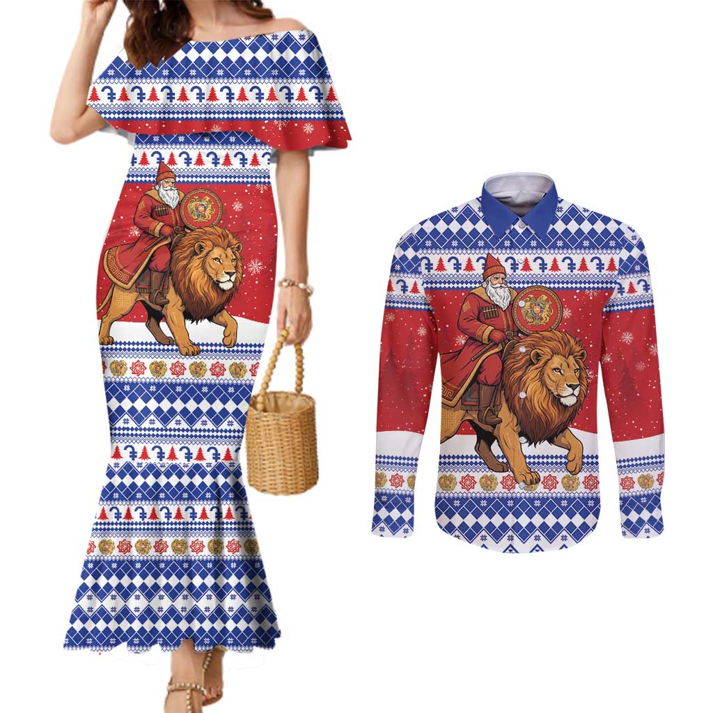 Armenia Christmas Couples Matching Mermaid Dress and Long Sleeve Button Shirt Santa Riding Lion - Wonder Print Shop