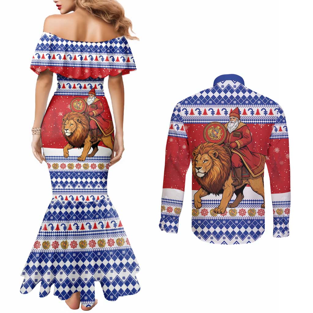 Armenia Christmas Couples Matching Mermaid Dress and Long Sleeve Button Shirt Santa Riding Lion - Wonder Print Shop