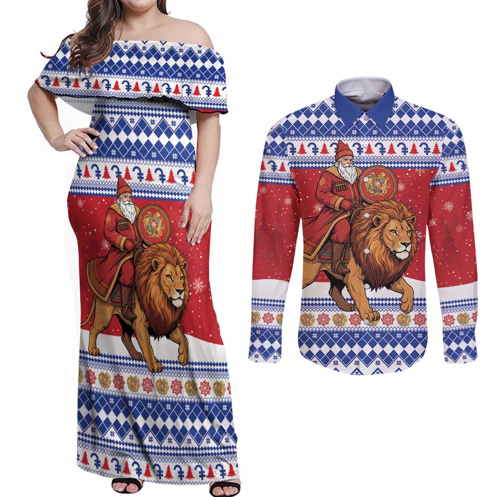 Armenia Christmas Couples Matching Off Shoulder Maxi Dress and Long Sleeve Button Shirt Santa Riding Lion - Wonder Print Shop