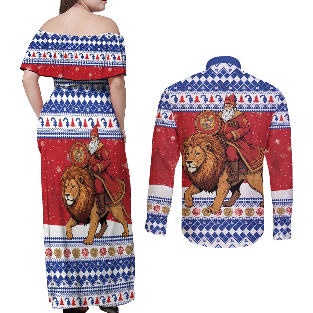 Armenia Christmas Couples Matching Off Shoulder Maxi Dress and Long Sleeve Button Shirt Santa Riding Lion - Wonder Print Shop