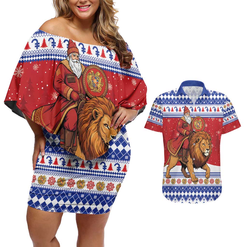 Armenia Christmas Couples Matching Off Shoulder Short Dress and Hawaiian Shirt Santa Riding Lion - Wonder Print Shop
