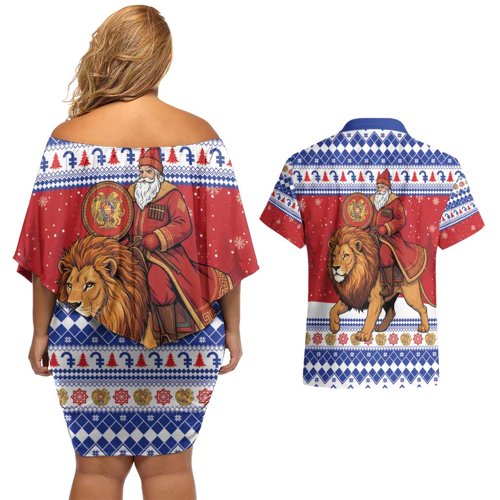 Armenia Christmas Couples Matching Off Shoulder Short Dress and Hawaiian Shirt Santa Riding Lion - Wonder Print Shop