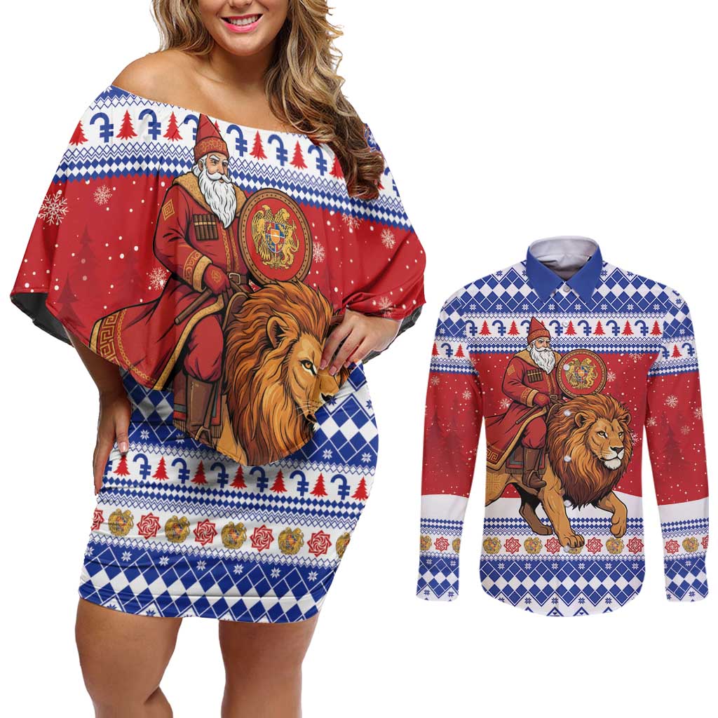 Armenia Christmas Couples Matching Off Shoulder Short Dress and Long Sleeve Button Shirt Santa Riding Lion - Wonder Print Shop