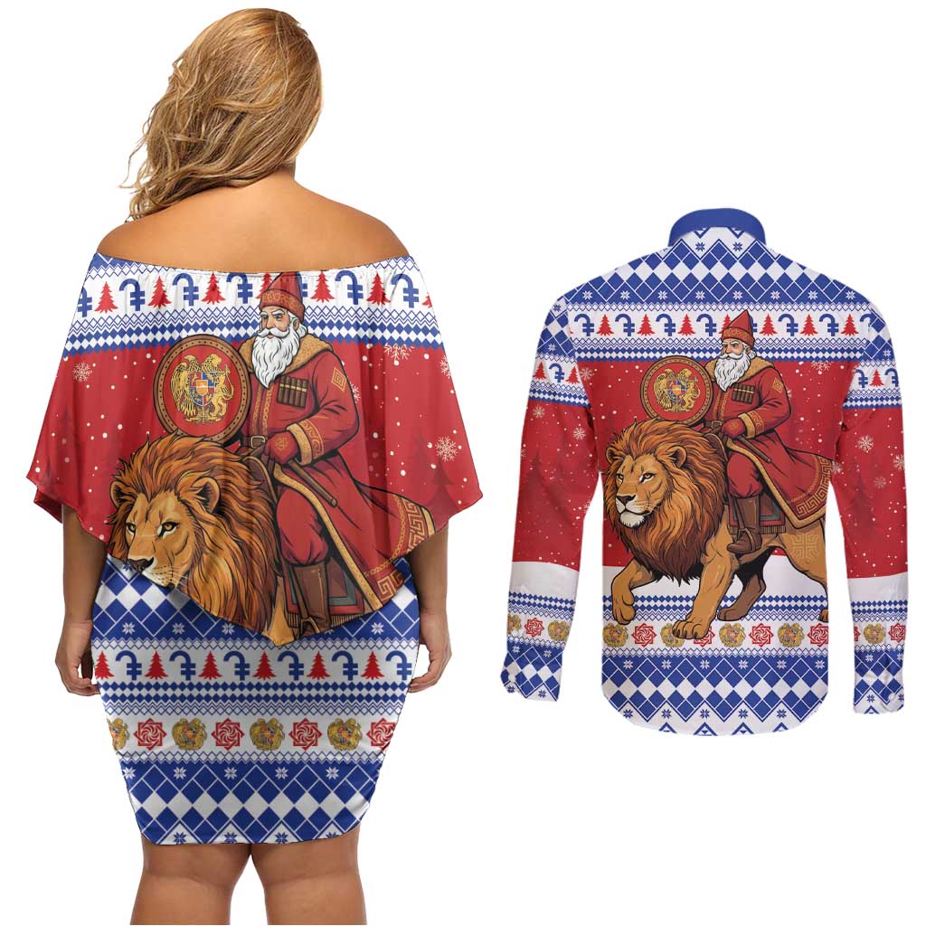 Armenia Christmas Couples Matching Off Shoulder Short Dress and Long Sleeve Button Shirt Santa Riding Lion - Wonder Print Shop