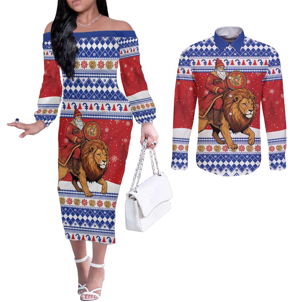 Armenia Christmas Couples Matching Off The Shoulder Long Sleeve Dress and Long Sleeve Button Shirt Santa Riding Lion - Wonder Print Shop