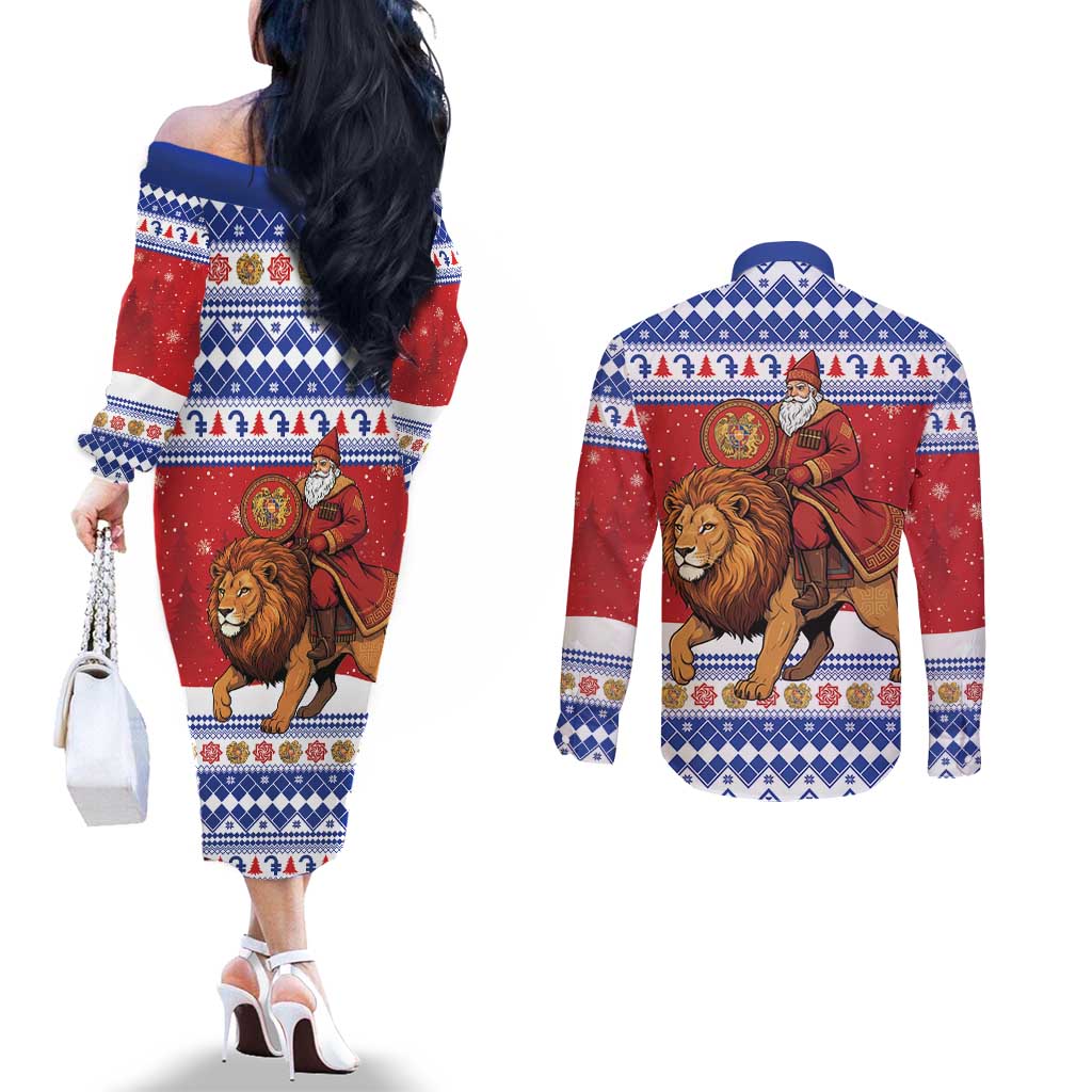 Armenia Christmas Couples Matching Off The Shoulder Long Sleeve Dress and Long Sleeve Button Shirt Santa Riding Lion - Wonder Print Shop