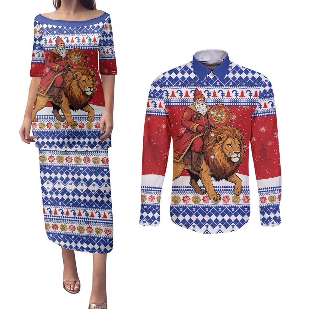 Armenia Christmas Couples Matching Puletasi and Long Sleeve Button Shirt Santa Riding Lion - Wonder Print Shop