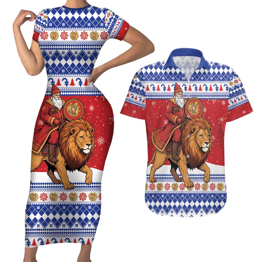 Armenia Christmas Couples Matching Short Sleeve Bodycon Dress and Hawaiian Shirt Santa Riding Lion - Wonder Print Shop