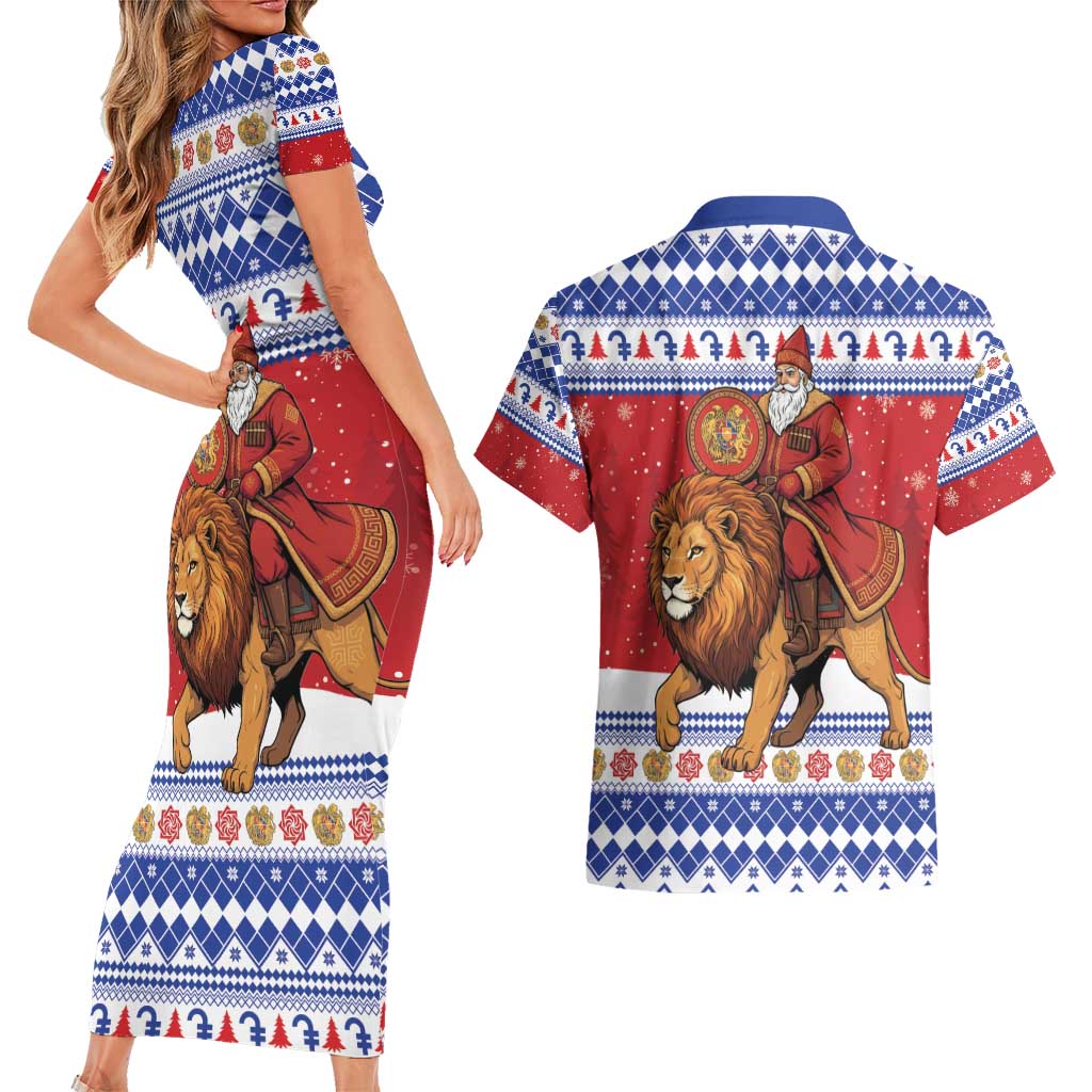 Armenia Christmas Couples Matching Short Sleeve Bodycon Dress and Hawaiian Shirt Santa Riding Lion - Wonder Print Shop