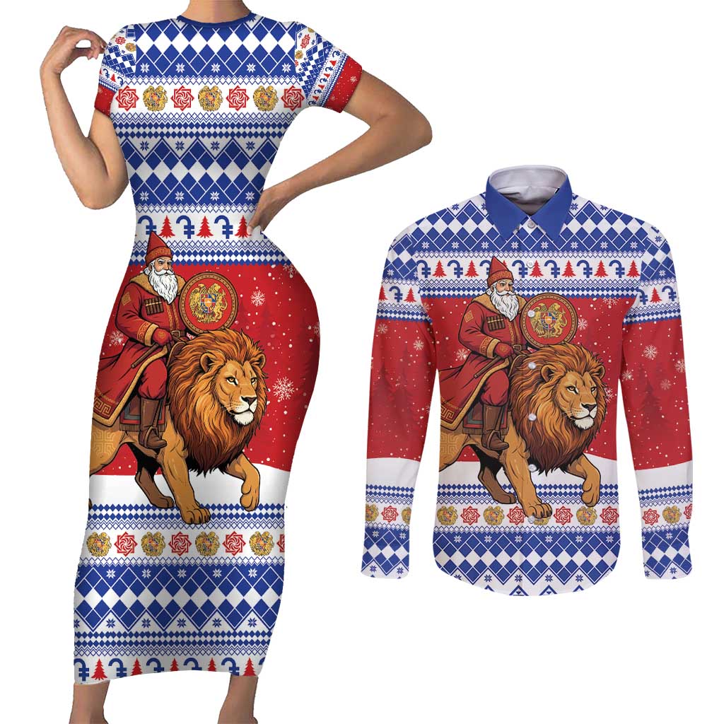 Armenia Christmas Couples Matching Short Sleeve Bodycon Dress and Long Sleeve Button Shirt Santa Riding Lion - Wonder Print Shop