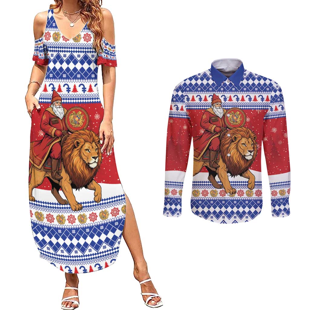 Armenia Christmas Couples Matching Summer Maxi Dress and Long Sleeve Button Shirt Santa Riding Lion - Wonder Print Shop