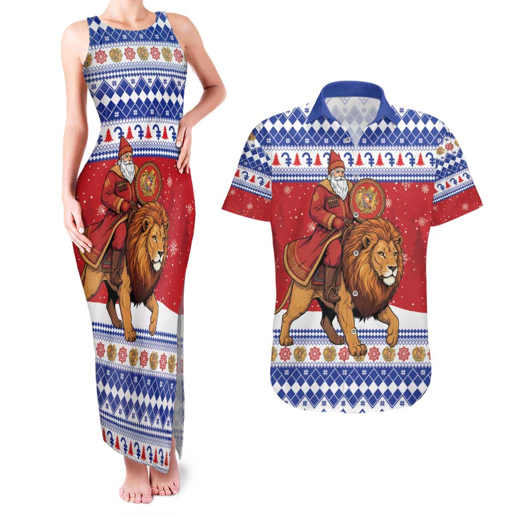 Armenia Christmas Couples Matching Tank Maxi Dress and Hawaiian Shirt Santa Riding Lion - Wonder Print Shop