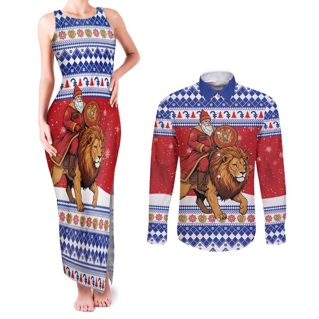 Armenia Christmas Couples Matching Tank Maxi Dress and Long Sleeve Button Shirt Santa Riding Lion - Wonder Print Shop