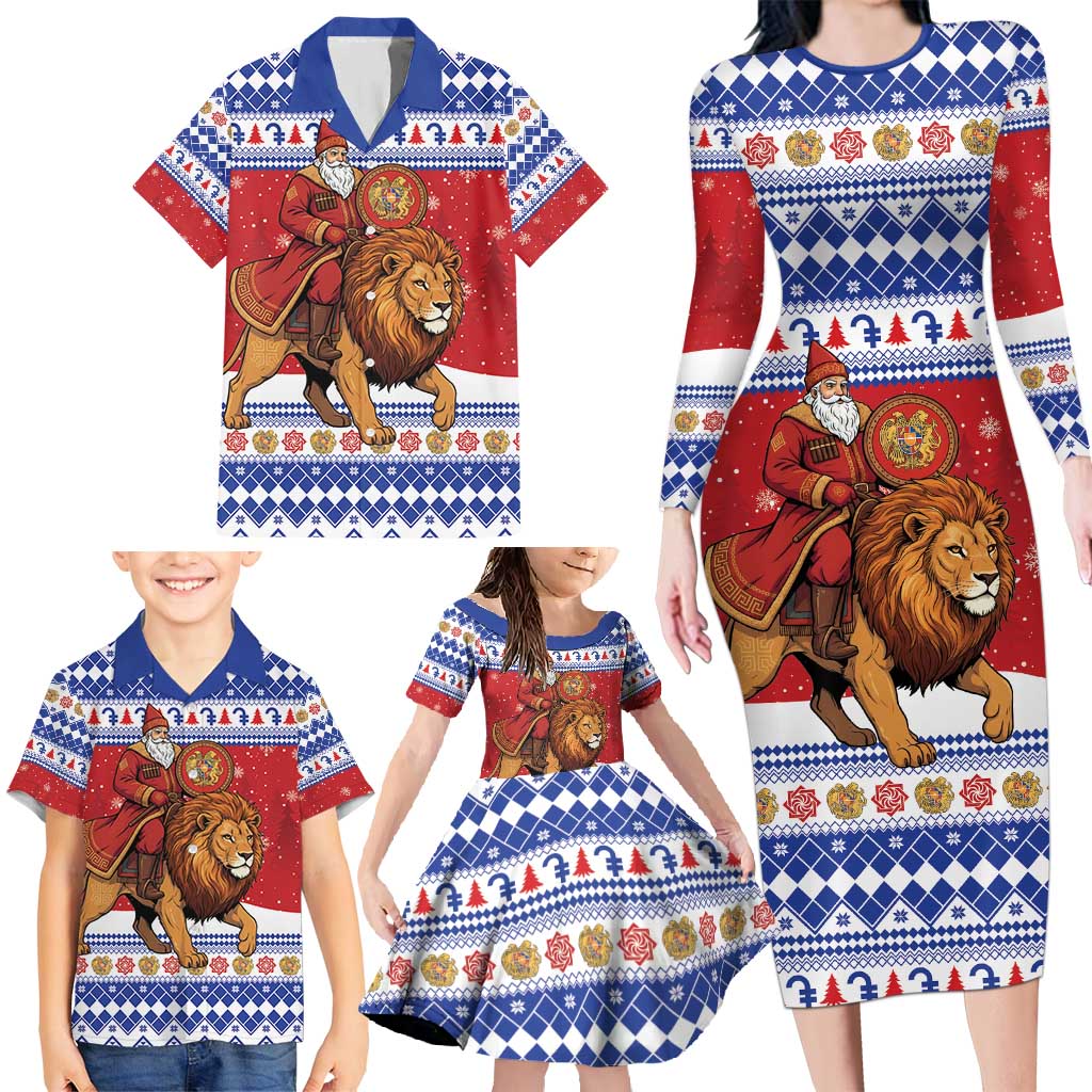 Armenia Christmas Family Matching Long Sleeve Bodycon Dress and Hawaiian Shirt Santa Riding Lion - Wonder Print Shop