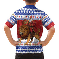 Armenia Christmas Family Matching Off The Shoulder Long Sleeve Dress and Hawaiian Shirt Santa Riding Lion - Wonder Print Shop