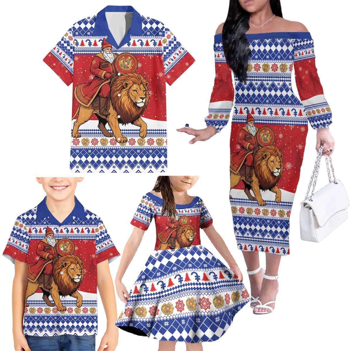 Armenia Christmas Family Matching Off The Shoulder Long Sleeve Dress and Hawaiian Shirt Santa Riding Lion - Wonder Print Shop
