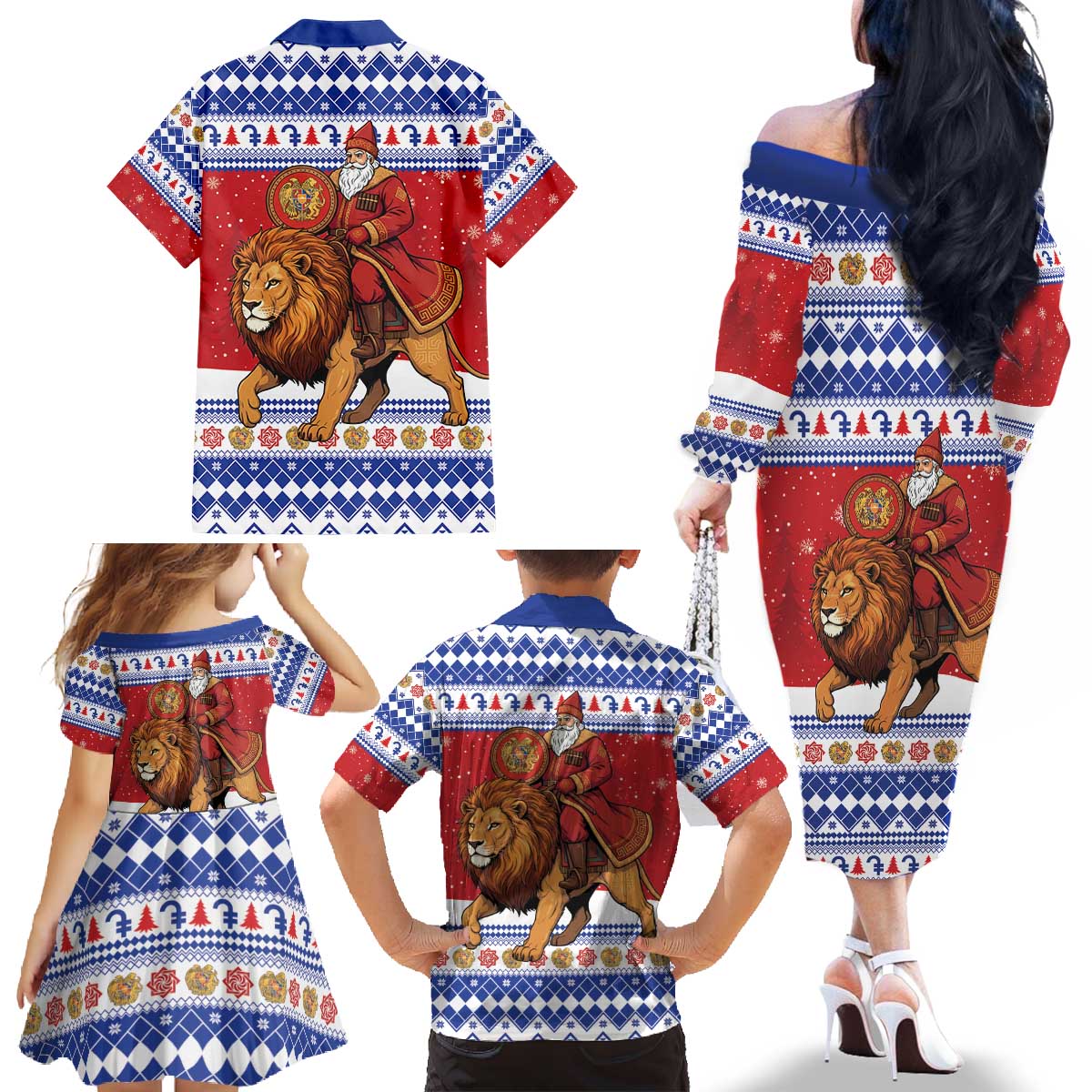 Armenia Christmas Family Matching Off The Shoulder Long Sleeve Dress and Hawaiian Shirt Santa Riding Lion - Wonder Print Shop