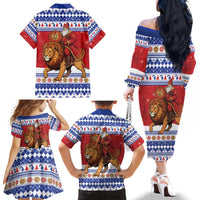 Armenia Christmas Family Matching Off The Shoulder Long Sleeve Dress and Hawaiian Shirt Santa Riding Lion - Wonder Print Shop