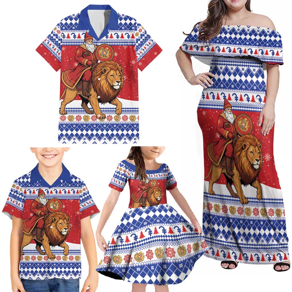 Armenia Christmas Family Matching Off Shoulder Maxi Dress and Hawaiian Shirt Santa Riding Lion - Wonder Print Shop