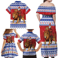 Armenia Christmas Family Matching Off Shoulder Maxi Dress and Hawaiian Shirt Santa Riding Lion - Wonder Print Shop