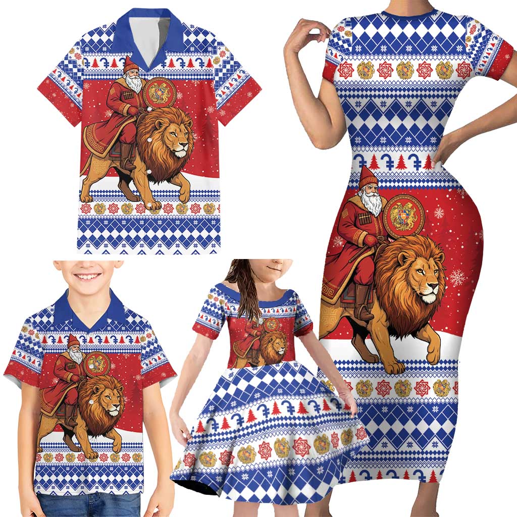 Armenia Christmas Family Matching Short Sleeve Bodycon Dress and Hawaiian Shirt Santa Riding Lion - Wonder Print Shop