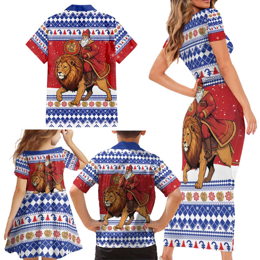 Armenia Christmas Family Matching Short Sleeve Bodycon Dress and Hawaiian Shirt Santa Riding Lion - Wonder Print Shop