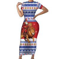 Armenia Christmas Family Matching Short Sleeve Bodycon Dress and Hawaiian Shirt Santa Riding Lion - Wonder Print Shop