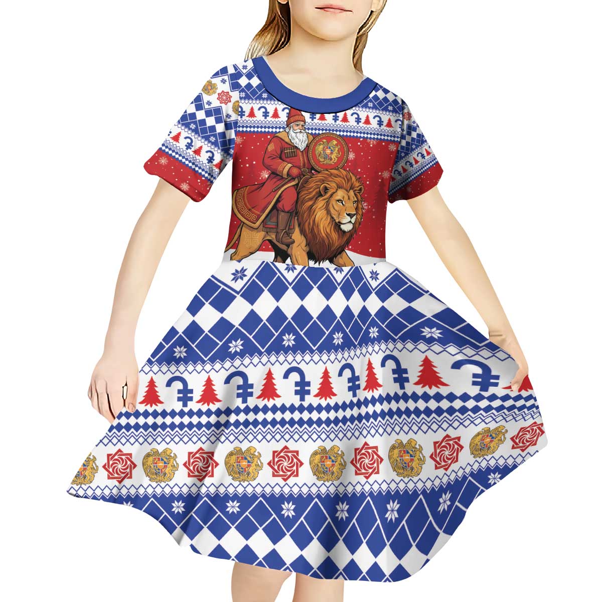 Armenia Christmas Kid Short Sleeve Dress Santa Riding Lion - Wonder Print Shop