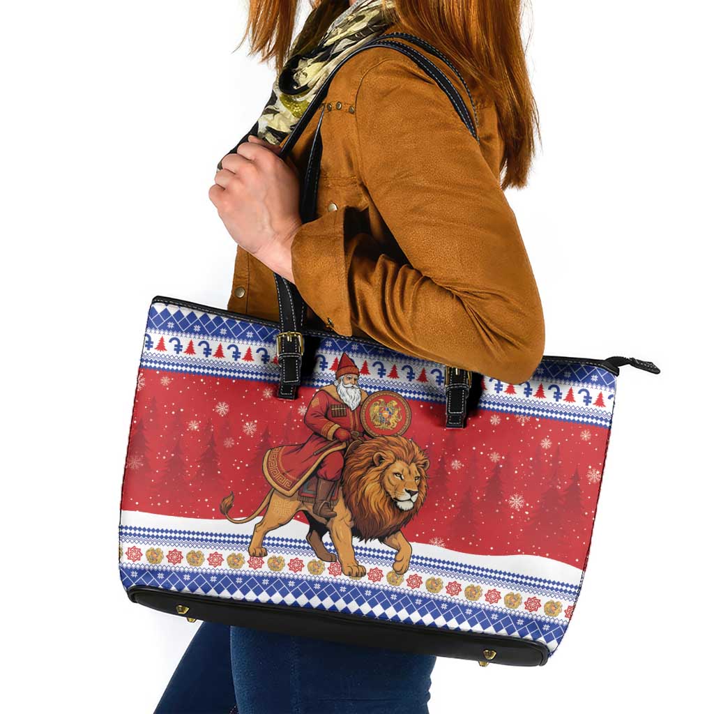 Armenia Christmas Leather Tote Bag Santa Riding Lion - Wonder Print Shop