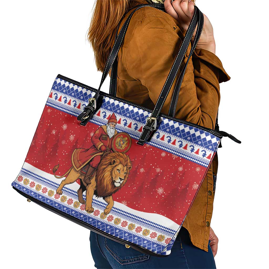 Armenia Christmas Leather Tote Bag Santa Riding Lion - Wonder Print Shop