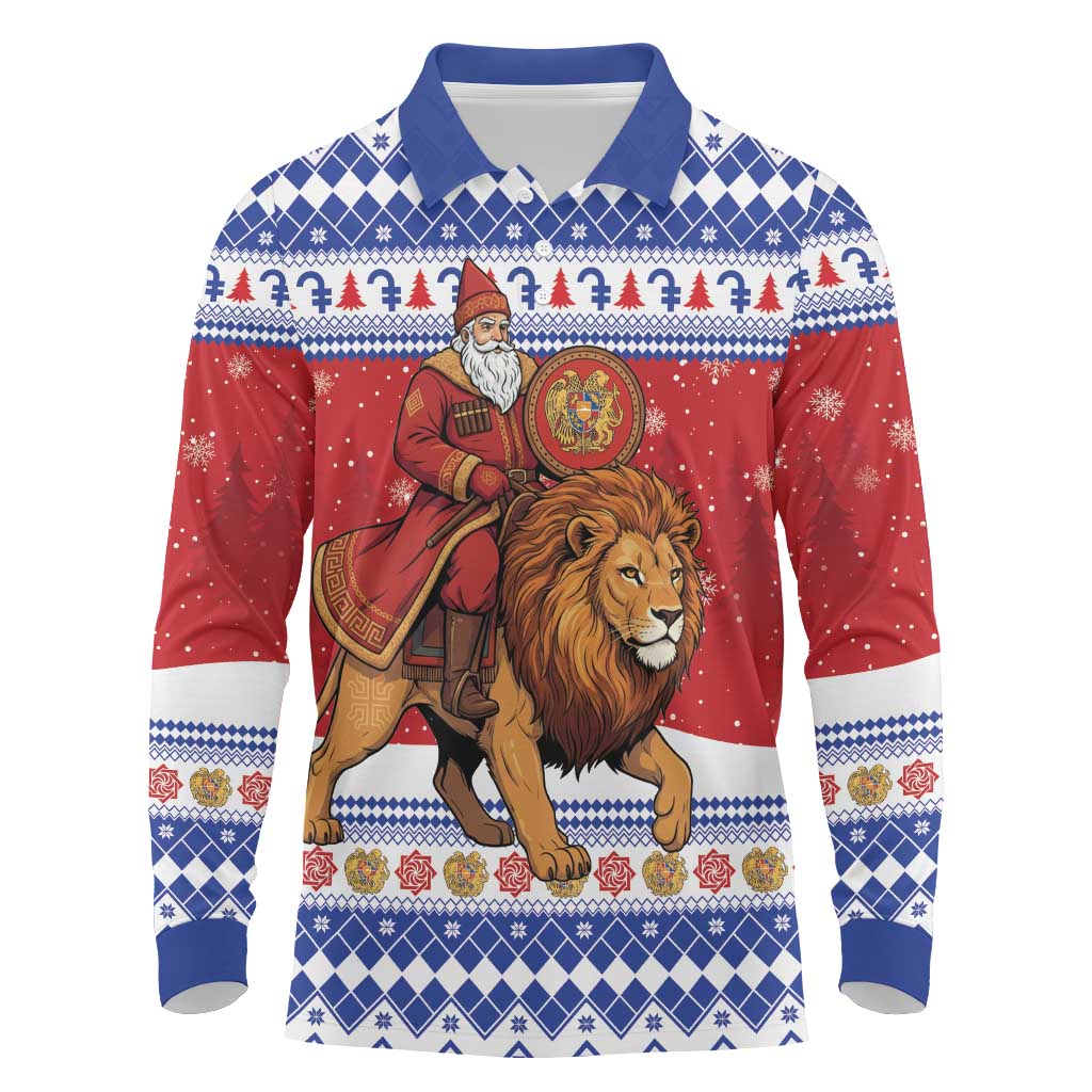 Armenia Christmas Long Sleeve Polo Shirt Santa Riding Lion - Wonder Print Shop