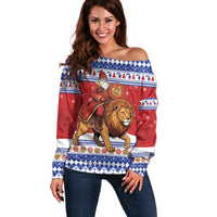 Armenia Christmas Off Shoulder Sweater Santa Riding Lion - Wonder Print Shop