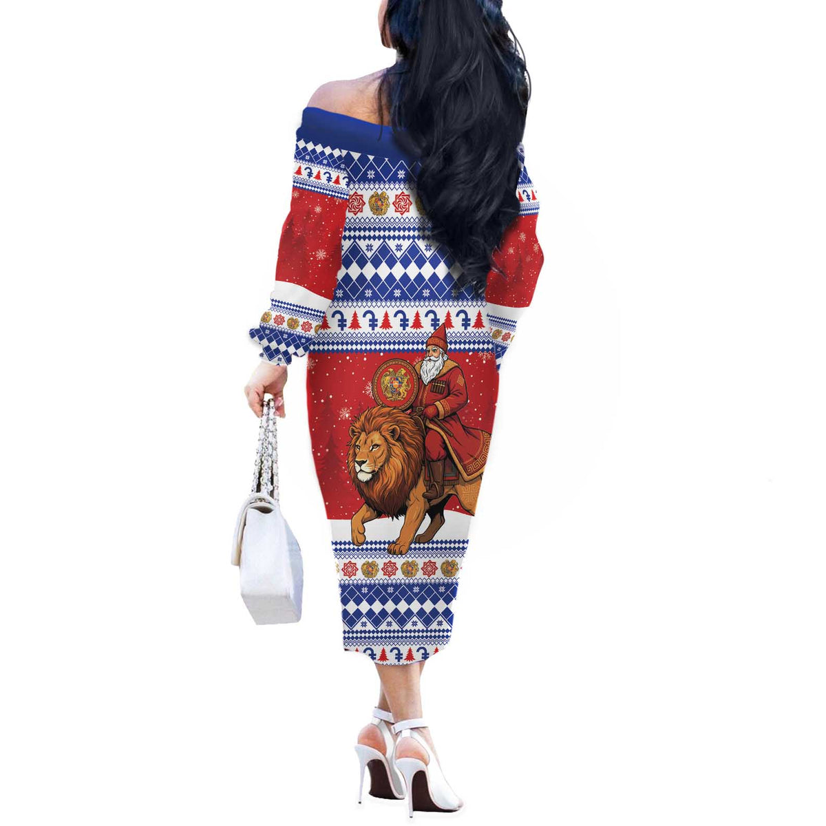 Armenia Christmas Off The Shoulder Long Sleeve Dress Santa Riding Lion - Wonder Print Shop