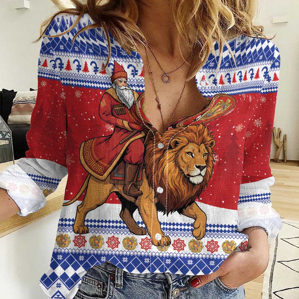 Armenia Christmas Women Casual Shirt Santa Riding Lion - Wonder Print Shop