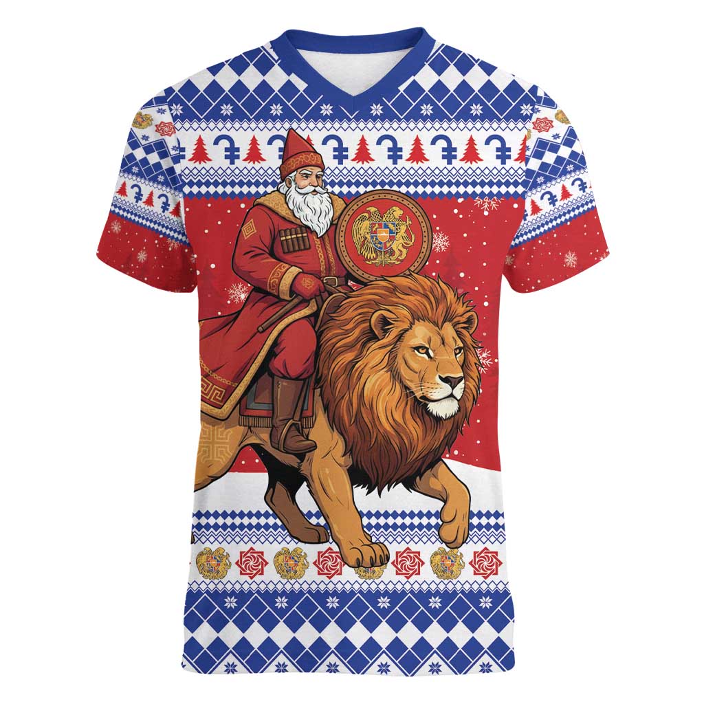 Armenia Christmas Women V-Neck T-Shirt Santa Riding Lion - Wonder Print Shop